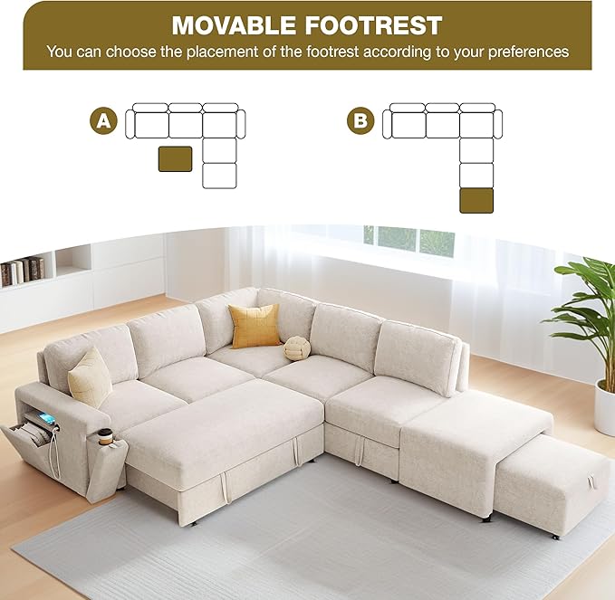 ERYE L-Shaped Multifunctional Sleeper Sectional with Hidden Storage and Cupholders, Modern Pull Out Sleeper Convertible Sofa Bed W/Storage Chaise, Ottoman, USB-C Ports