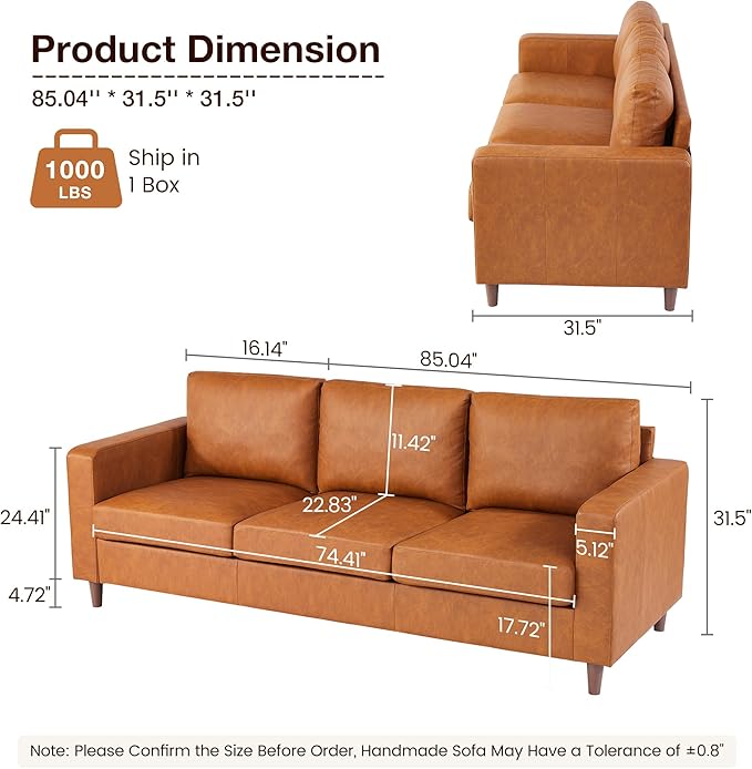 IDEALHOUSE 85" Leather Couch for Living Room, Modern Sofa Couches with Padded Backrest, Upholstered Sofa with Armrests and Comfy Cushions, Deep Seat Sofas for Living Room, Bedroom, Office