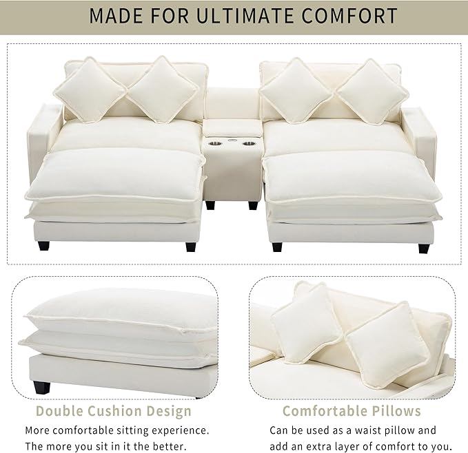 Sectional Sofa Chenille Upholstered with 2 Removable Ottoman, 2 USB Ports, 2 Cup Holders Large Storage Box for Living Room