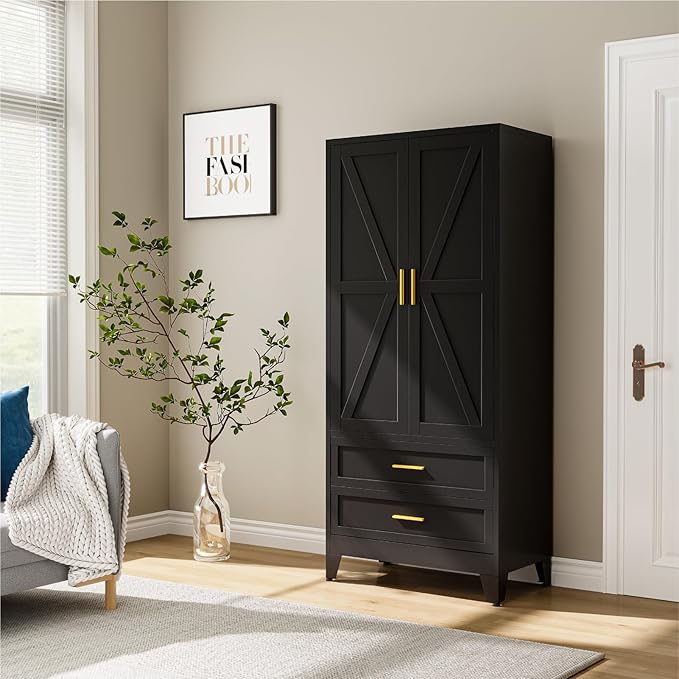 Metal Wardrobe Cabinet, 71" Tall Armoire Wardrobe Closet with 2 Drawers, Hanging Rod and Adjustable Shelf, Farmhouse Clothing Storage Cabinet for Bedroom, Laundry