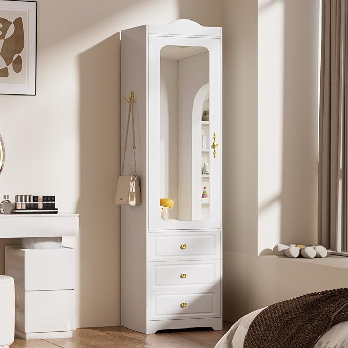 Armoire Wardrobe Closet, Updated Bedroom Armoires Cabinet with Mirror Door and 3 Drawers, 15.7" W White Clothing Storage Cabinet with Hanging Rod & Sensor Light for Bedroom-Right