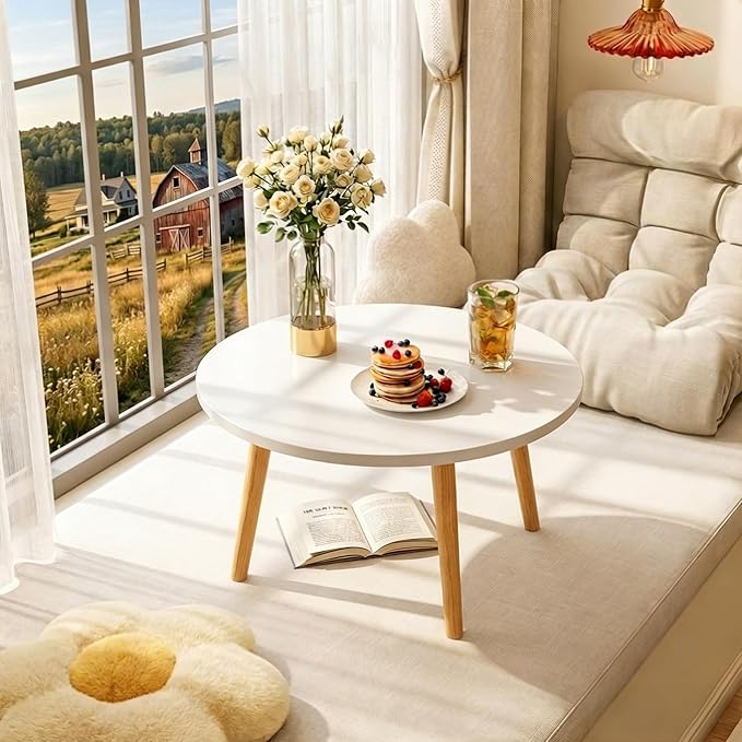 Round Coffee Table Low Table with 3 Solid Wood Sturdy Legs,Floor Table Desk for Sitting on The Floor,23.6"D x 23.6"W x 16"H Inches,Living Room/Toy room Furniture,Rental house Furniture (White)