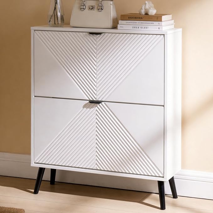 oakvivo Shoe Cabinet Storage, Farmhouse Freestanding Organizer with 2 Flip Drawers and 4 Wooden feet, Narrow Shoe Rack Cabinet for Entryway, Foyer, Hallway, White by OAKVIVOElegantLifestyle