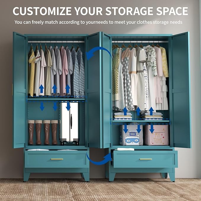 Steel Armoire Wardrobe Closet, 71" Metal Clothing Storage Cabinets with 2 Doors, 1 Drawer & 1 Adjustable Shelf, Blue Wardrobe Cabinet with Hanging Rod for Bedroom, Gym