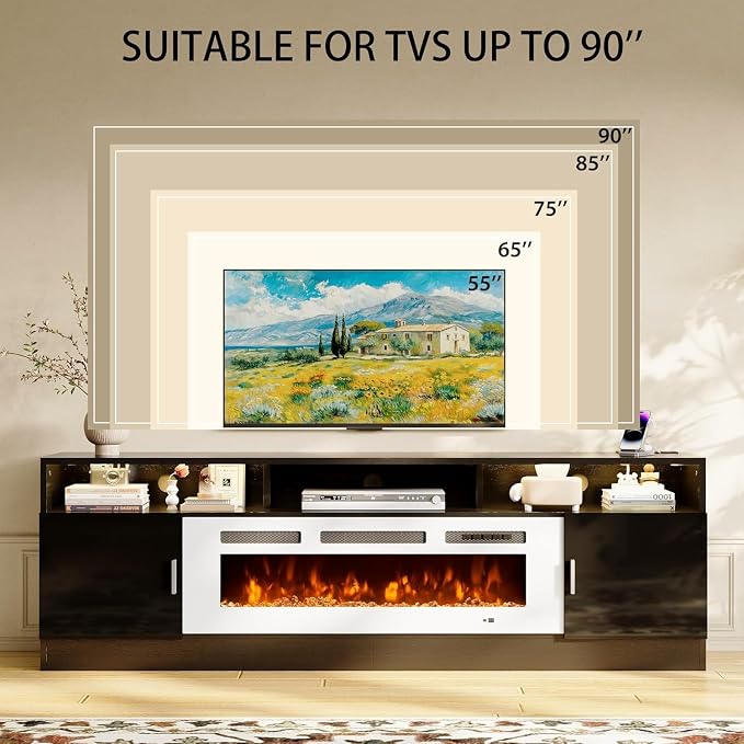 MXV 78" Fireplace TV Stand with Power Outlet for TVs UP to 90", Electric Fireplace Entertainment Center with LED Lights & Storage Cabinets, TV Console for Living Room, Office, Black-White - Image 7