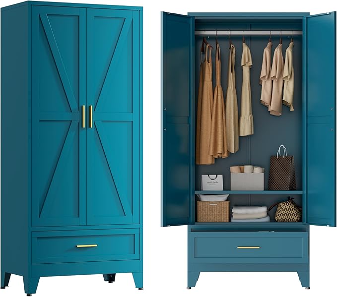 Blue Metal Wardrobe Closet for Bedroom, 71" Freestanding Armoire Wardrobe with Drawer and Shelf, Hanging Rod Clothing Storage Cabinet with Two Doors, Tall Farmhouse Clothes Cabinet Bedroom Armoires
