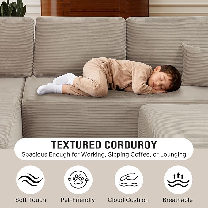 Rovibek 105” Modular Sectional Sofa with Chaise, Boneless Couches for Living Room with Deep Seat & Throw Pillow, Comfy Corduroy Fabric U Shaped Couch, No Assembly Required, Camel