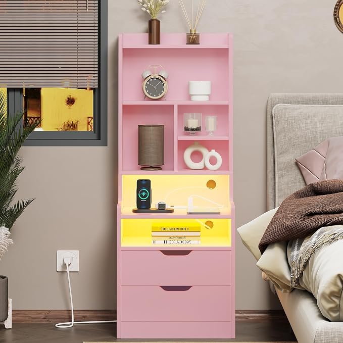 ADORNEVE Tall Night Stand with Charging Station and LED Lights,Nightstand with Bookshelf,Bedside Table with Drawers & Power Outlets,End Side Table for Bedrooms,Pink by ADORNEVE