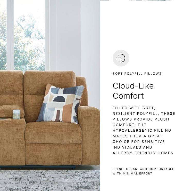 Signature Design by Ashley Kanlow Contemporary Manual Double Reclining Loveseat with Console, Storage, Cup Holders and 2 Accent Pillows, Light Brown