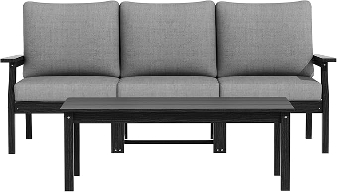 HDPE Patio Conversation Set, 4-Piece All Weather Outdoor Furniture Set with 3-Seater Modular Sofa for Deck, Lawn, with Cushion, Black