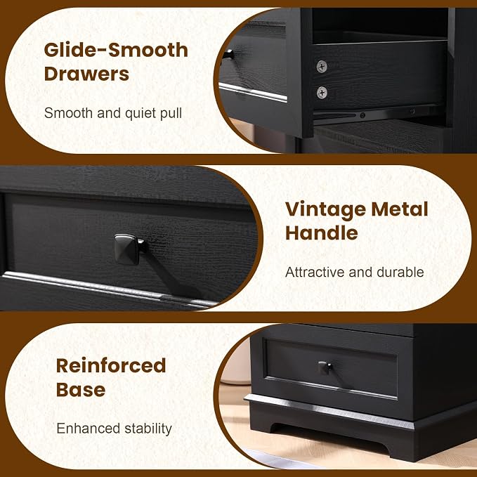 20-Inch Wide Modern Nightstands Set of 2 with Charging Station, End Tables with 3 Large Drawers, Simple Design Bedside Table for Bedroom and Office,Black - Image 5