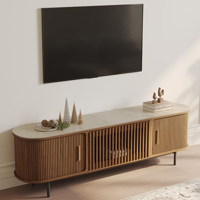 POVISON Fully-Assembled Sliding Tambour Door TV Stand, Mid Century Modern Sintered Stone TV Console, Wood Media Console for 70 Inch TV, Entertainment Center with Storage Cabinet(Walnut, 70.87") by POVISON