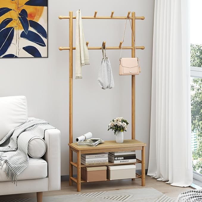 Giantex 3-in-1 Hall Tree with Bench and Shoe Storage, Bamboo Coat Rack Freestanding w/PE Rattan Bench, 11 Hanging Rods, 3 Tier Shoe Rack, Narrow Mudroom Storage Organizer for Entryway Bedroom,Natural - Image 5