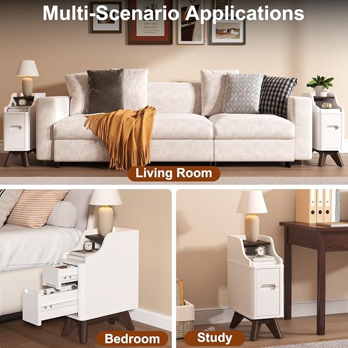 White Narrow Side Table, Wooden Small 2 Drawer Nightstand with Charger Station, Thin Couch Side End Table, Skinny Bedside Table Small Spaces, Mid Century Modern Night Stand with Drawers - Image 6