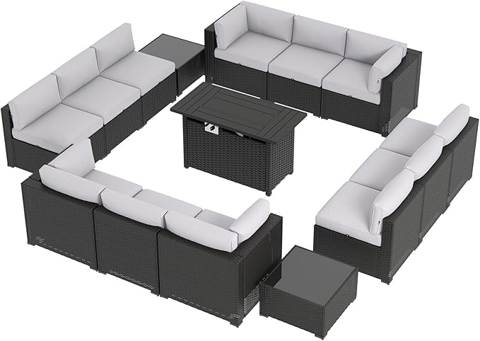Aoxun 15 Piece Patio Furniture Set with 44” Fire Pit Table, Wicker Rattan Patio Sectional Sofa, Outdoor Furniture Set with Thickened Cushion, Light Gray