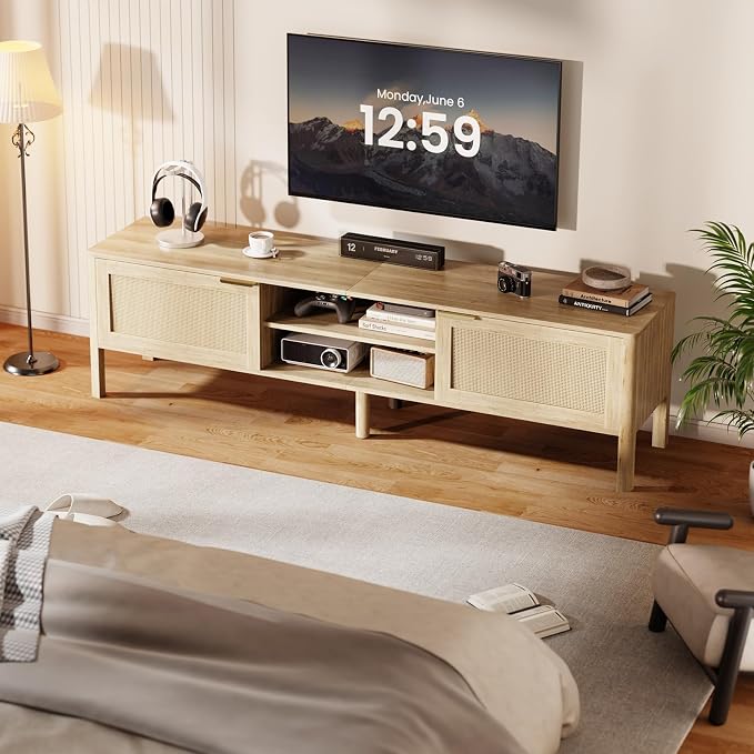 IKALIFE Rattan TV Stand for Living Room - Fits up to 65 Inch TVs, Rattan Media Console Table with Adjustable Shelves & 2 Storage Cabinets, Mid-Century Modern Entertainment Center, Oak 58" - Image 7