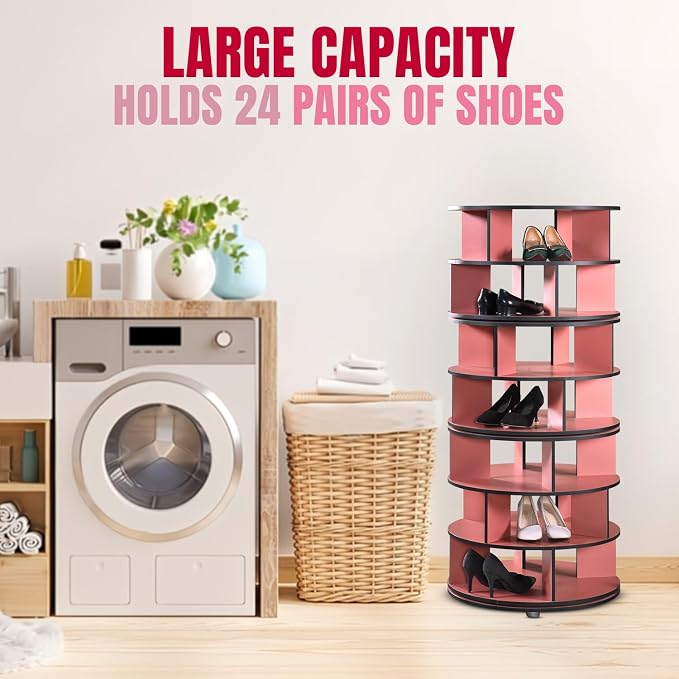 Kings Brand Furniture - 7-Tier Rotating Shoe Rack, 360° Revolving Lazy Susan Spinning Shoe Rack Tower Storage Organizer for Closet Entryway Bedroom Hallway, Red - Image 4
