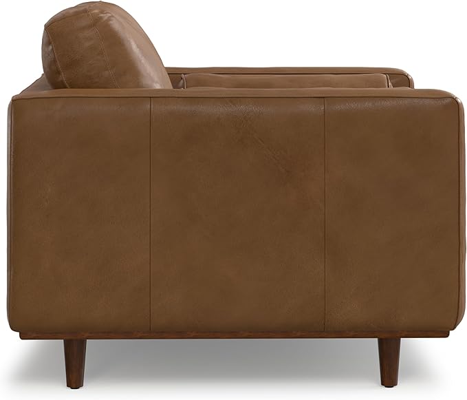 SIMPLIHOME Morrison Arm Chair - 42 inch Wide Upholstered Genuine Leather Mid-Century Modern Accent Chair in Caramel Brown with Solid Wood Legs, Reversible Bolster Pillows and Reclined Back