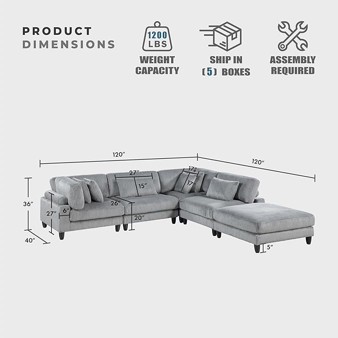 Lexicon 120 Inch Modular Sectional Sofa - Oversized 5 Seater Corduroy L Shaped Sectional Couch with Ottoman, 6 Accent Pillows, and Flexible Arrangement for Modern Living Rooms, Gray