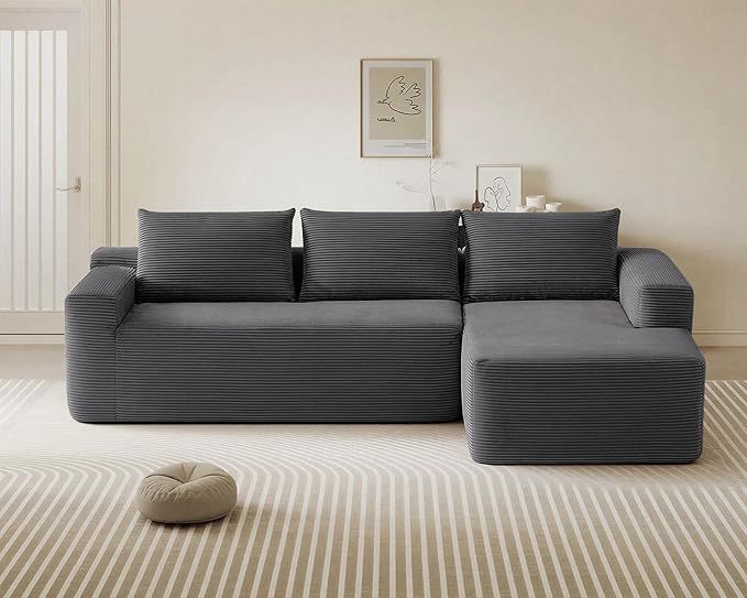 97inch Boneless L-Shaped Sectional Sofa with Throw Pillow & Side Pockets- No Assembly Compressed Modular Couch, Memory Foam, Deep Seat for Living Room, Bedroom, Apartment Grey Right
