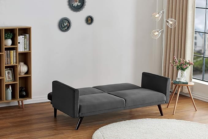 72" Retro Velvet Sofa Bed - Vintage Modern Convertible Futon w/Reclining Backrest - Velvet Upholstery on Solid Wood Frame (72" L x 34.6" W x 30.23" H), Grey