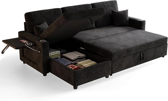 L-Shape Sleeper Sofa with Pull-Out Couch Bed, Storage & Ports, Cup Holders, Side Pockets & Side Table for Living Room, Apartment, Jet Black