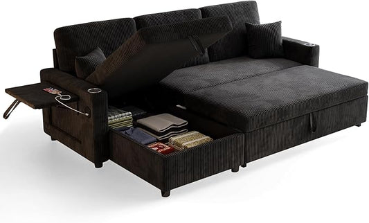 L-Shape Sleeper Sofa with Pull-Out Couch Bed, Storage & Ports, Cup Holders, Side Pockets & Side Table for Living Room, Apartment, Jet Black