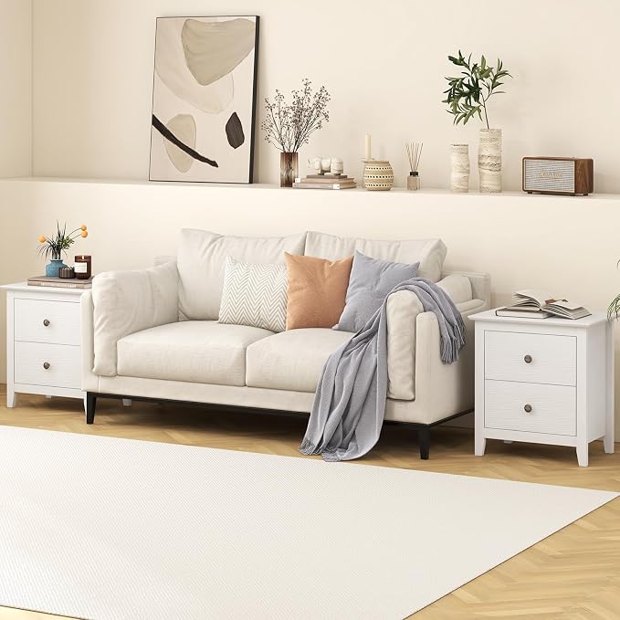 Giantex White Nightstand, Modern 2 Drawers Night Stand with Handles, Sofa Side Table with Sturdy Legs for Small Spaces, College Dorm, Kids’ Room, Wooden Bedside Table for Bedroom, White - Image 8