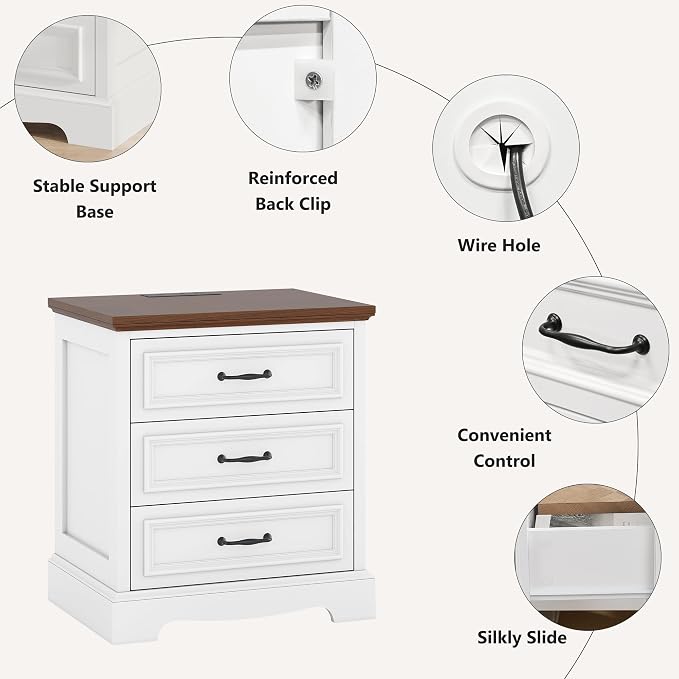 Farmhouse Nightstand with 3 Drawers,Wood Night Stand with Charging Station Modern End Side Table for Bedroom Bedside TableStorage Cabinet Small Dresser Chest of Drawers for Bedroom (1, White Brown) - Image 6