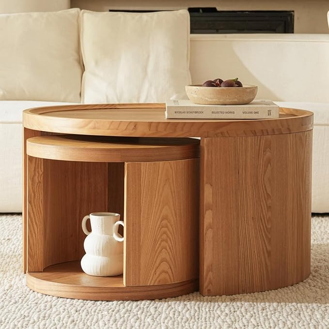 Round Nesting Coffee Table Set of 2, Brown Coffee Table, 31.5" Large & 18" Small Low Tables with Wood Top, Center Table for Living Room, Bedroom, Minimalist Center Table Set
