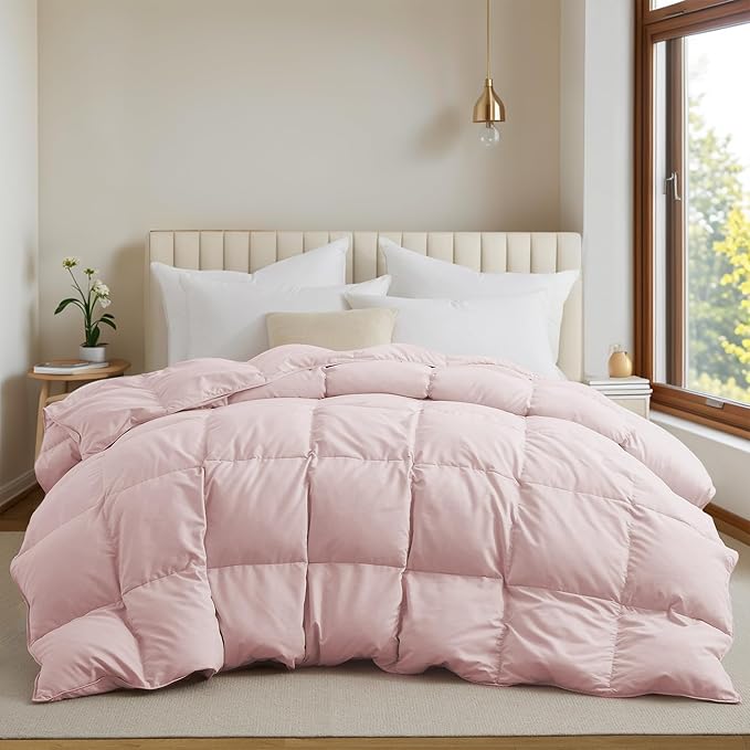 UNIKOME Goose Feather Down Fiber Comforter King Size, All Season Duvet Insert with Soft Downproof Cover, Cloud-Like Fluffiness Bed Comforters with Corner Tabs (King, Pink, 88"X104")