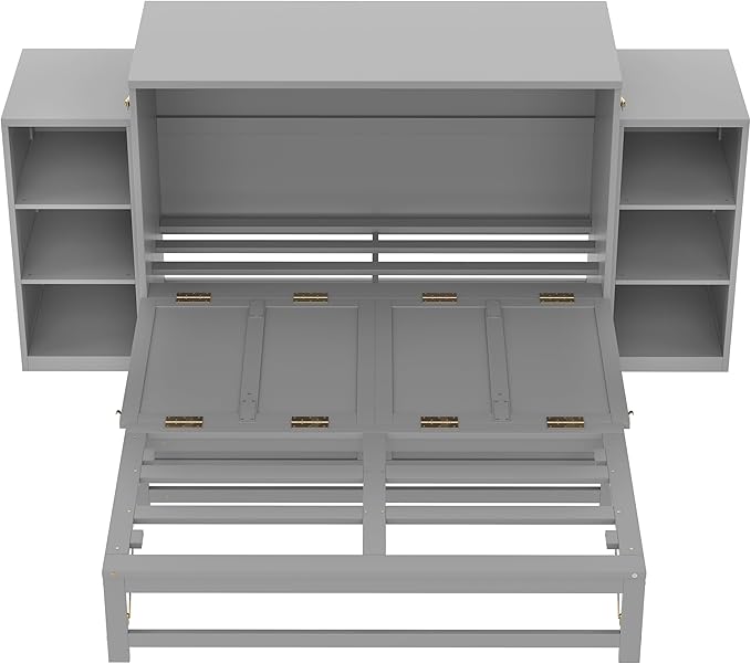 Bellemave Full Size Murphy Bed, Cabinet Bed with 2 Shelves and Storage Drawers, Farmhouse Murphy Cabinet, Noisy Free, for Guest Bedroom, Living Room, Office, Light Gray