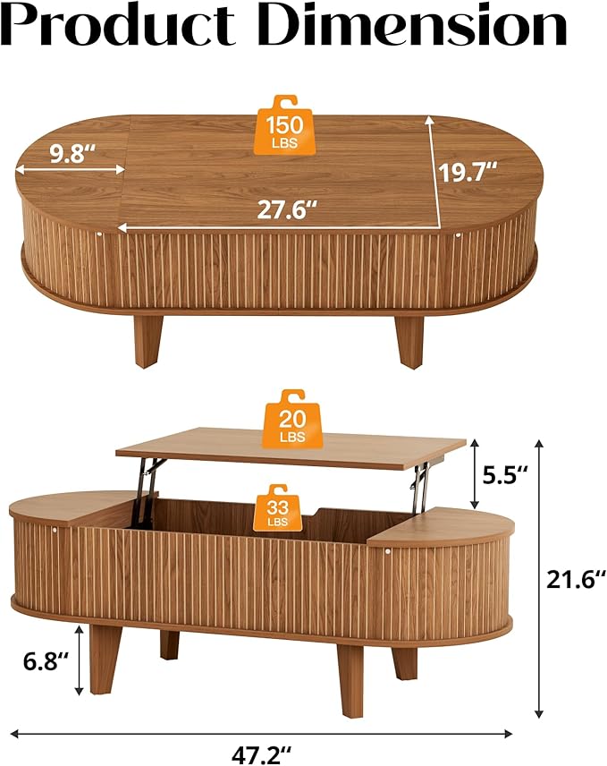 47.2" Lift Top Coffee Table with Storage, Oval Wood Fluted Coffee Table for Living Room, Mid Century Modern Center Table with Flip-Top Design, Walnut