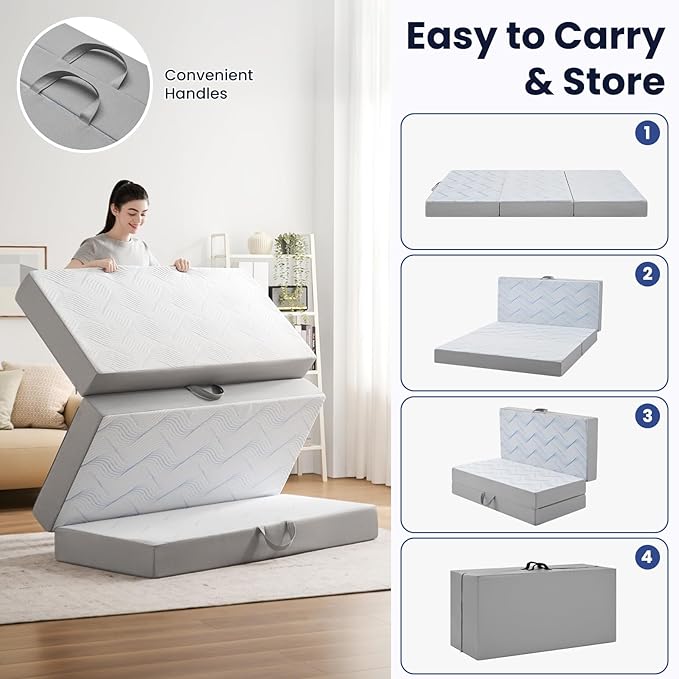 Folding Mattress Full, 3 Inch Memory Foam Foldable Mattress Full, Trifold Mattress with Breathable & Washable Cover, Portable Mattress for Guest Bed, 73"x52"x3"