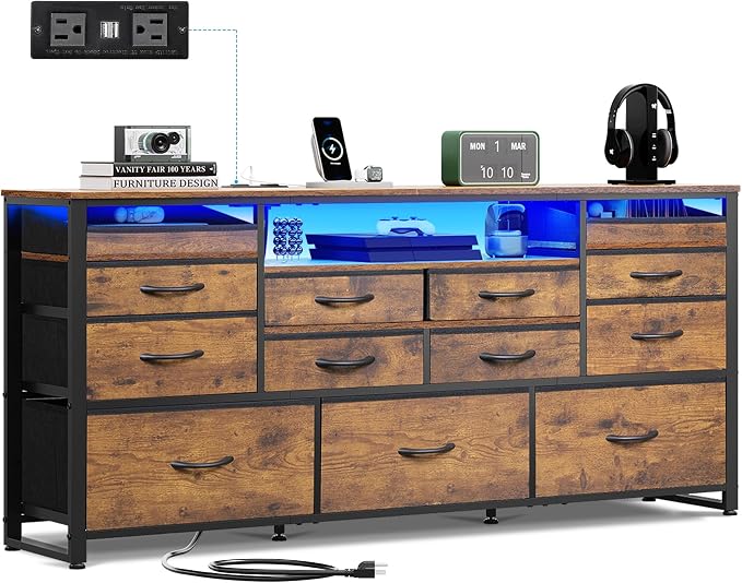 WLIVE Dresser for Bedroom with Charging Station, Dressers & Chest of Drawers with 13 Fabric Drawers, Large Storage Dresser Organizer for Closet, Rustic Brown by WLIVE