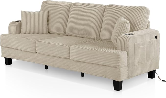 Homes: Inside + Out Reese Modern Plush Chenille Couch with Side Pockets, Cup Holders and USB Ports, Wooden Comfortable Sofa for Living Room, Bedroom and Office, Beige