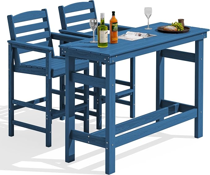 SERWALL Outdoor Bar Table and Chairs Set, Adirondack Bar Chairs Set of 2 and Bar Height Table, All Weather HDPE Patio Bar Set, Outdoor Furniture for Outside, Blue by SERWALL