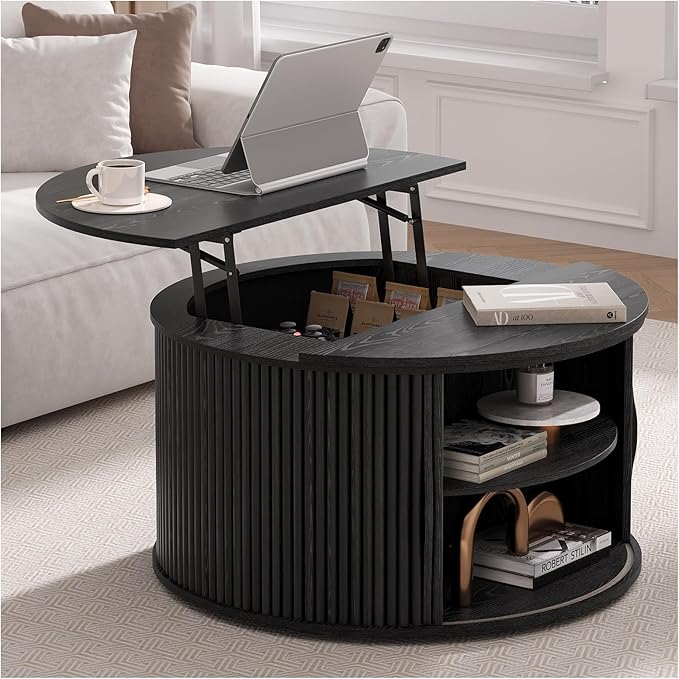 31.5" Round Lift Top Coffee Table with Hidden Storage,Modern Black Drum Coffee Table for Living Room, Wood Fluted Design Center Table for Small Apartment & WFH