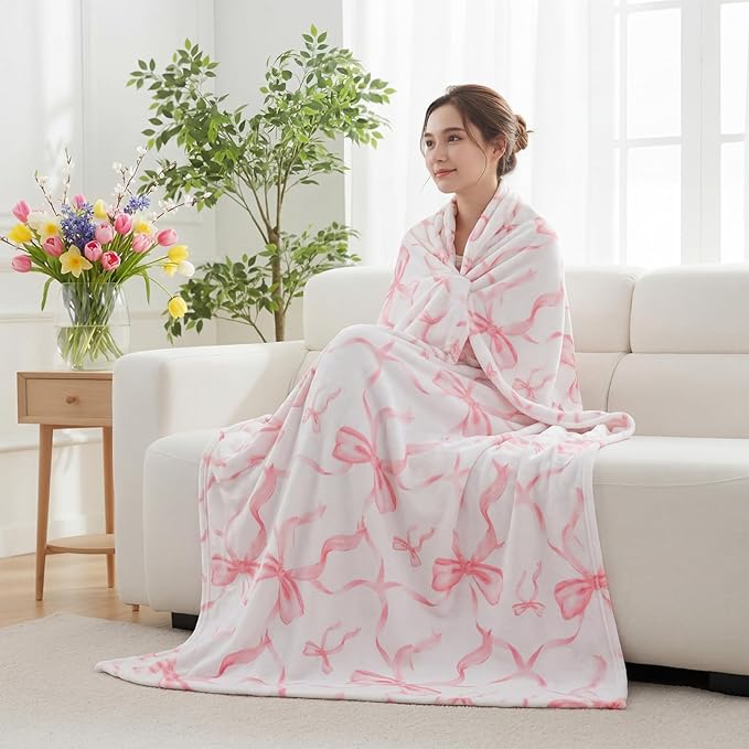 Buryeah Pink Bow Throw Blanket 60"x80" Ultra Soft Flannel Coquette Aesthetic Blanket for Girls Women Preppy Room Decor for Bed Sofa Spring Wedding Mother's Day Graduation Back to School Gift