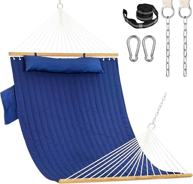Lazy Daze Hammocks 2 Person Double Quilted Fabric Hammock with Spreader Bar, Detachable Pillow, Side Pocket, Carabiners, Chains, Straps for Outdoor, 450lbs Capacity, Navy Blue by LazyDazeHammocks