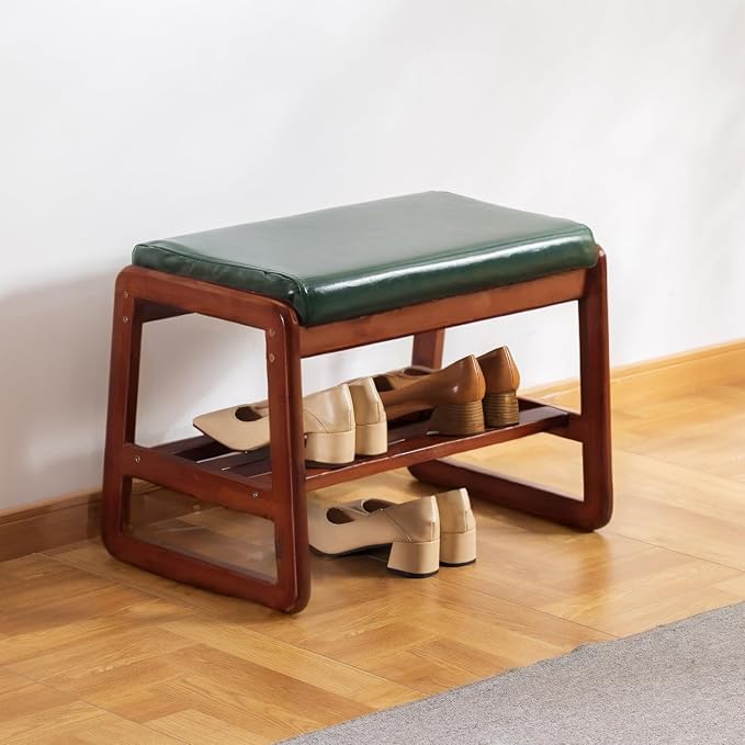 latifolia Solid Wood Bench, Entryway Shoe Bench with Cushion, 2 Tier Shoe Storage Organizer for Hallway, Living Room(Green,21.65''L) by Latifolia