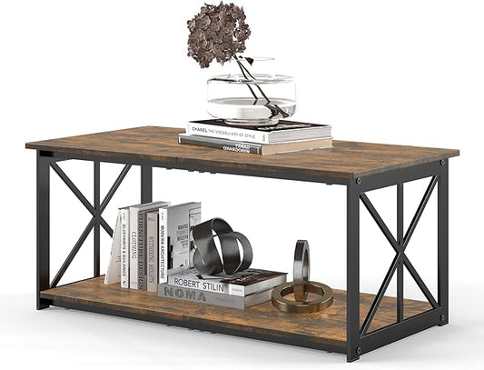 Rectangle Coffee Table for Living Room, Wood Rustic Coffee Table with 2 Tier and Metal Frame, Industrial Modern Center Table, Rustic Brown