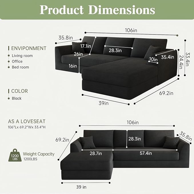 106" Cloud Sofa Bed Sectional,Reversible Sectional Sofa Bed， Reversible Chaise Sleeper Couch with Plush High-Density Foam, Easy Setup No Tools Required, Modern Living Room Furniture