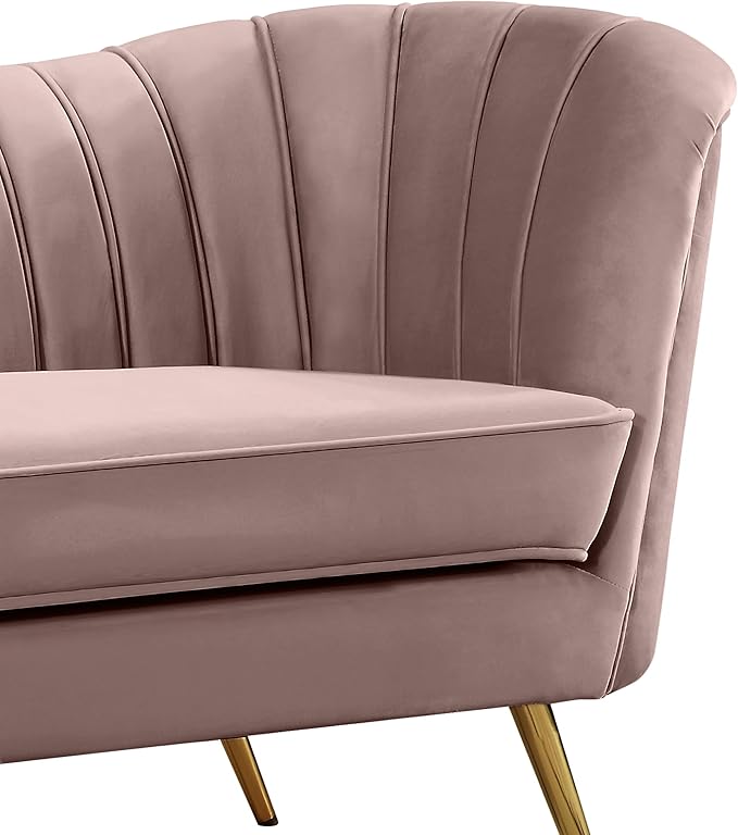 Meridian Furniture Margo Collection Modern | Contemporary Velvet Upholstered Sofa with Deep Channel Tufting and Rich Gold Stainless Steel Legs, Pink, 88" W x 30" D x 33" H