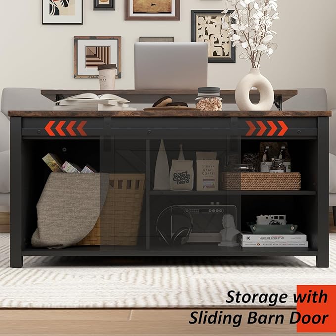 PUKAMI Lift Top Coffee Table with Storage, 31.5" Farmhouse Coffee Table for Living Room, Square Coffee Tables with Large Hidden Storage and Sliding Barn Doors, Black