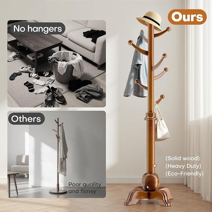 Hall Tree, Freestanding Wood Tree Rack with 7 Hooks, Coat Rack with Stable Sphere Base, Wooden Coat Rack Stand, Load 210 lb, Coat Hanger Stand for Entryway, Hallway, Bedroom (Natural) - Image 5
