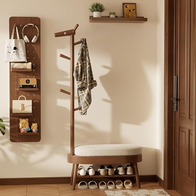 AQIMUELE Entryway Shoe Rack with Coat Rack, Wooden Shoe Bench with Upholstered Cushion, 3-in-1, 2-Tier Shoe Storage and Cute Animal Hooks for Entryway, Hallway, Closet (Walnut 32.2") by AQIMUELE