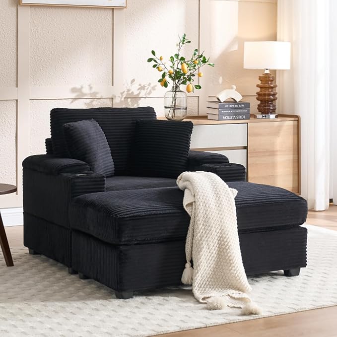 KEIKI Oversized Accent Chair with Ottoman, Chaise Lounge Chair Indoor with Handrail Storage, Cupholders, Oversized Sofa Bed, Deep Seat Sleeper Couch Reading Chairs for Living Room, Black