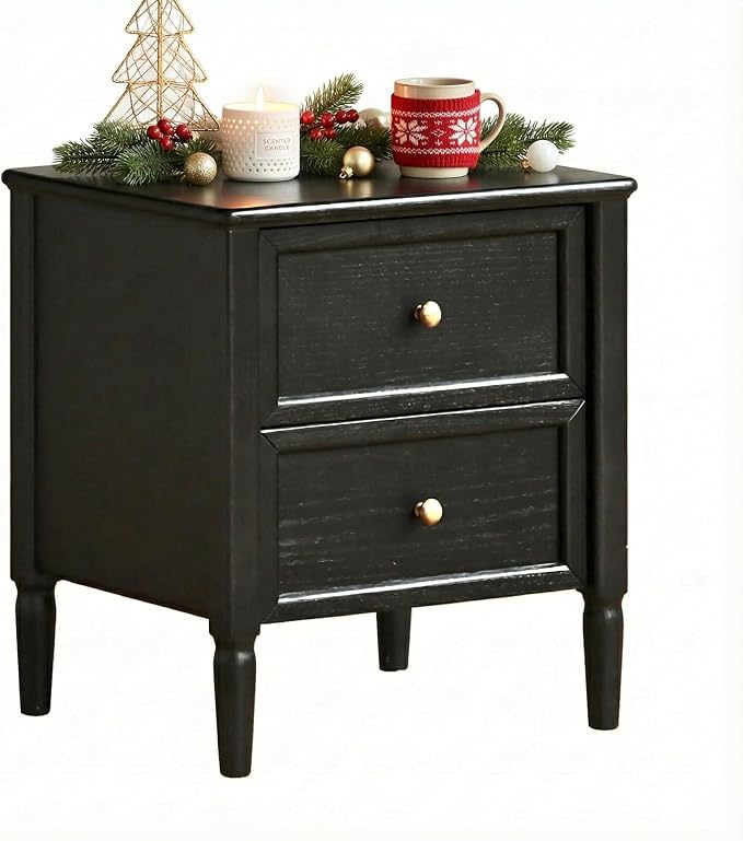 YESWOOD 100% Solid Wood Nightstand, Oak Night Stand with 2 Drawers, Farmhouse Nightstands, Mid-Century Modern Nightstand, Small Bedside Table for Bedroom, 19.69" H, Black by YESWOOD