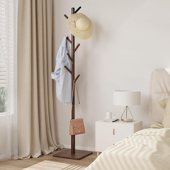 Coat Rack Freestanding with Stable Square Base, Entryway Furniture with 3 Adjustable Sizes and 8 Hooks, Used in Bedroom, Office and Hallway, Brown - Image 3
